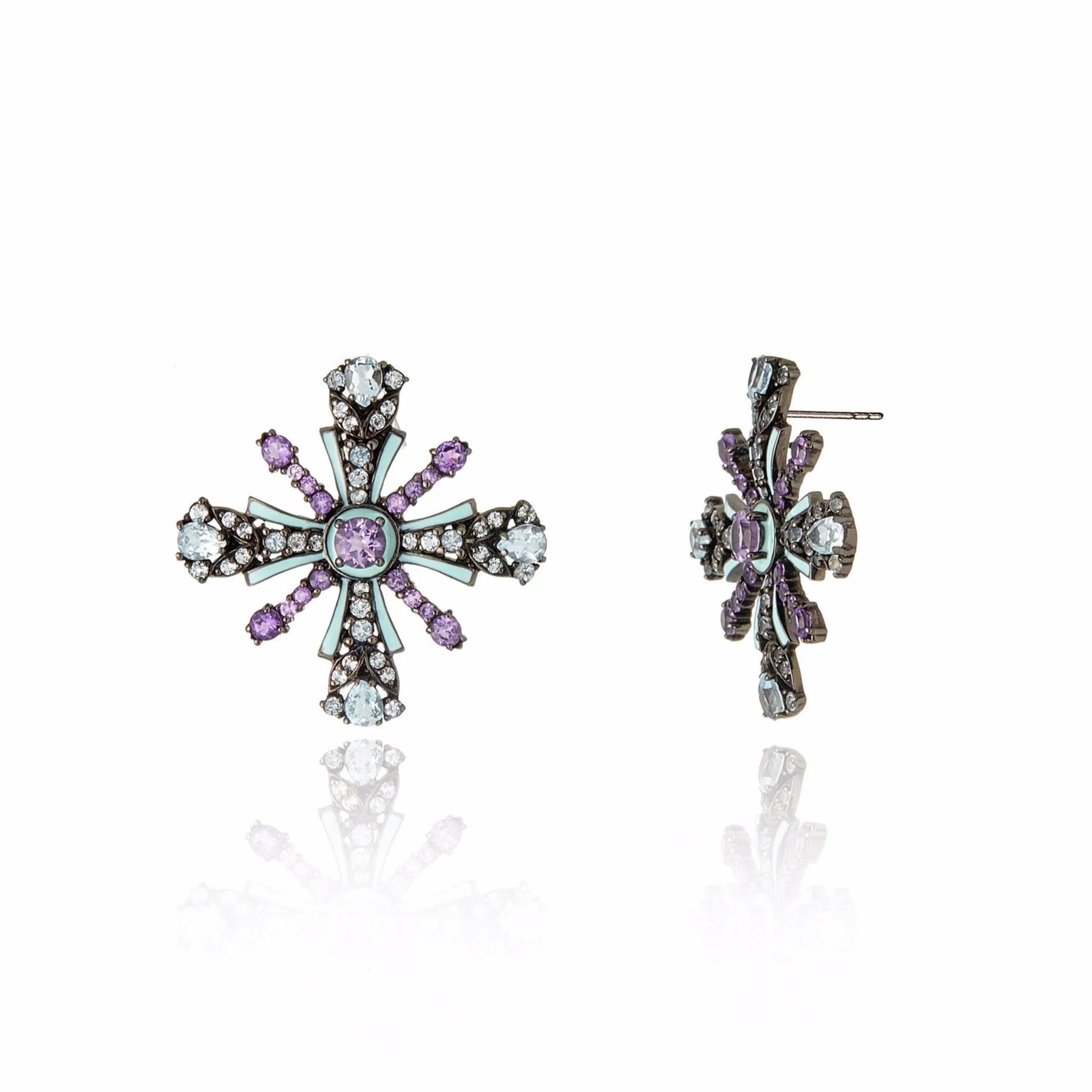 Sterling Silver Stud Earrings with Baby Blue Enamel, Blue Topaz & Amethyst