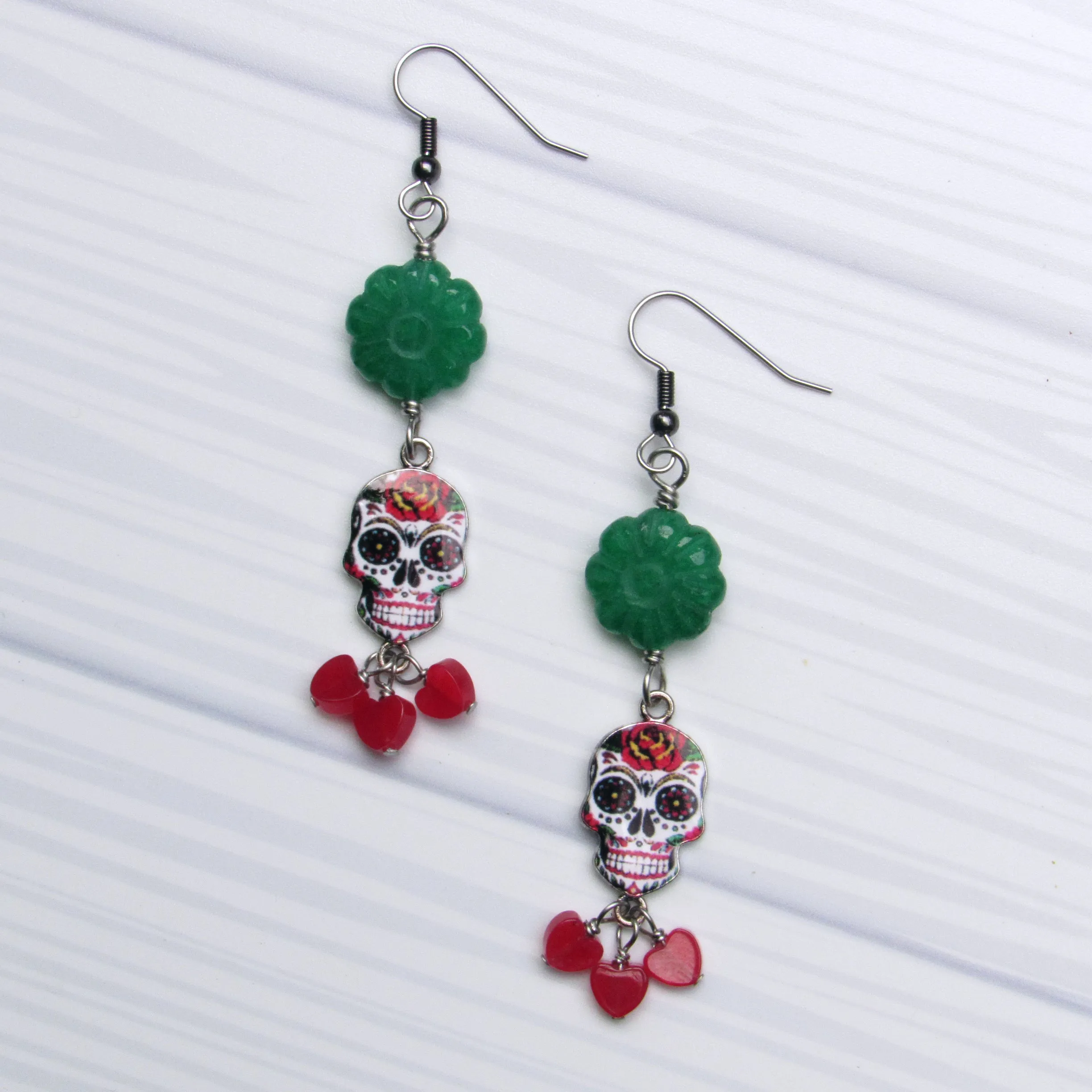 Sugar Skull with Red and Green Jade dangle earrings