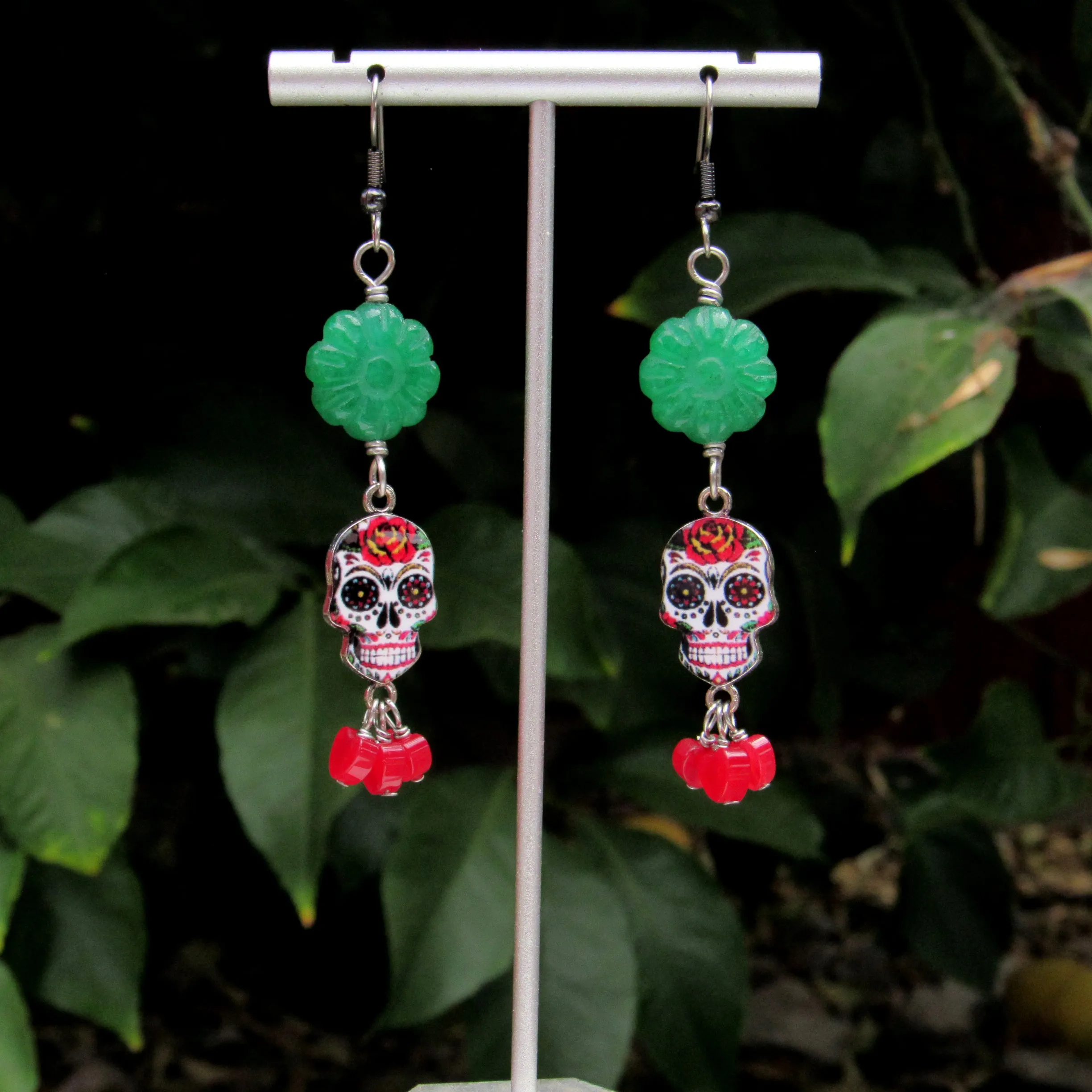 Sugar Skull with Red and Green Jade dangle earrings