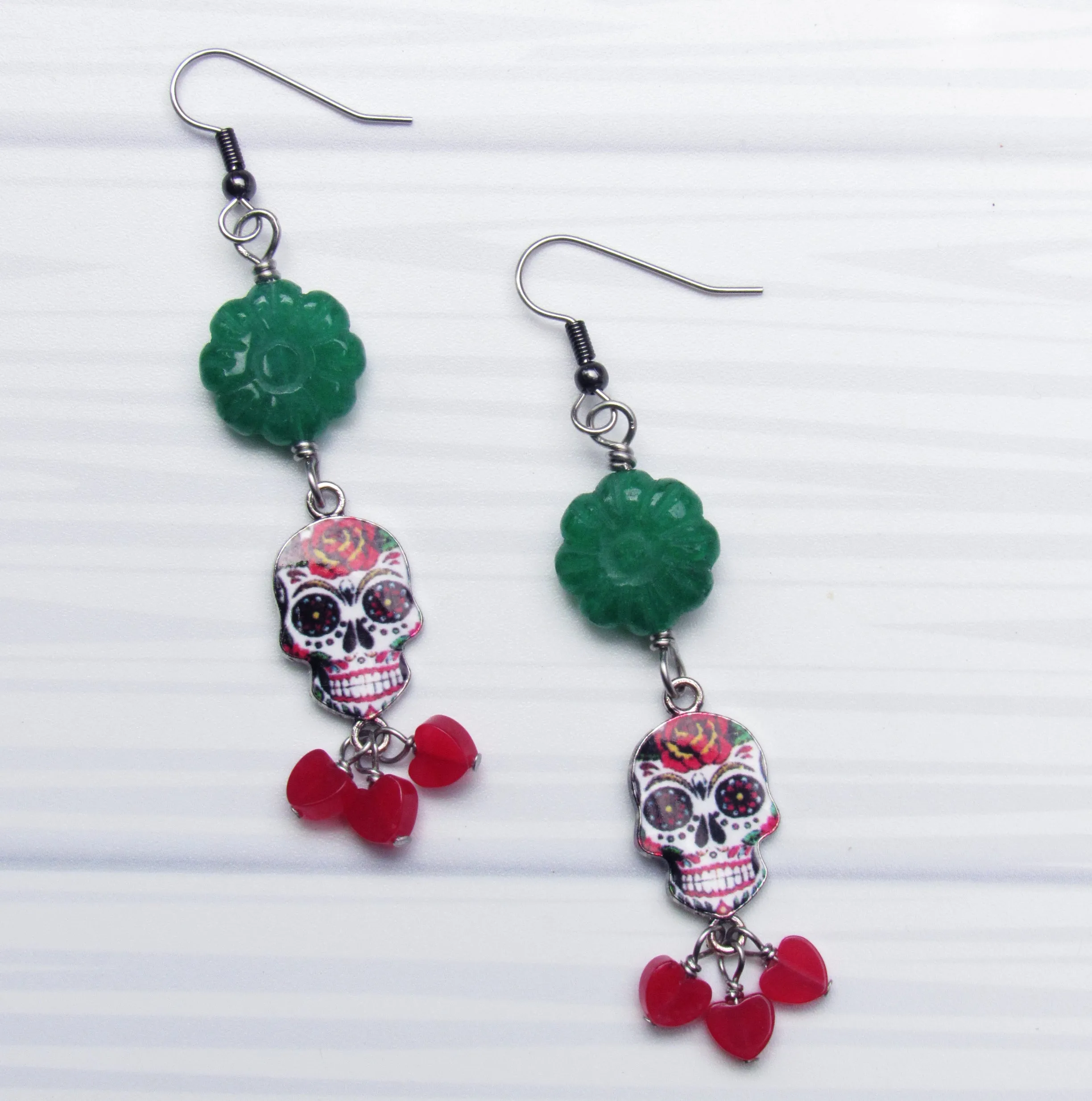 Sugar Skull with Red and Green Jade dangle earrings