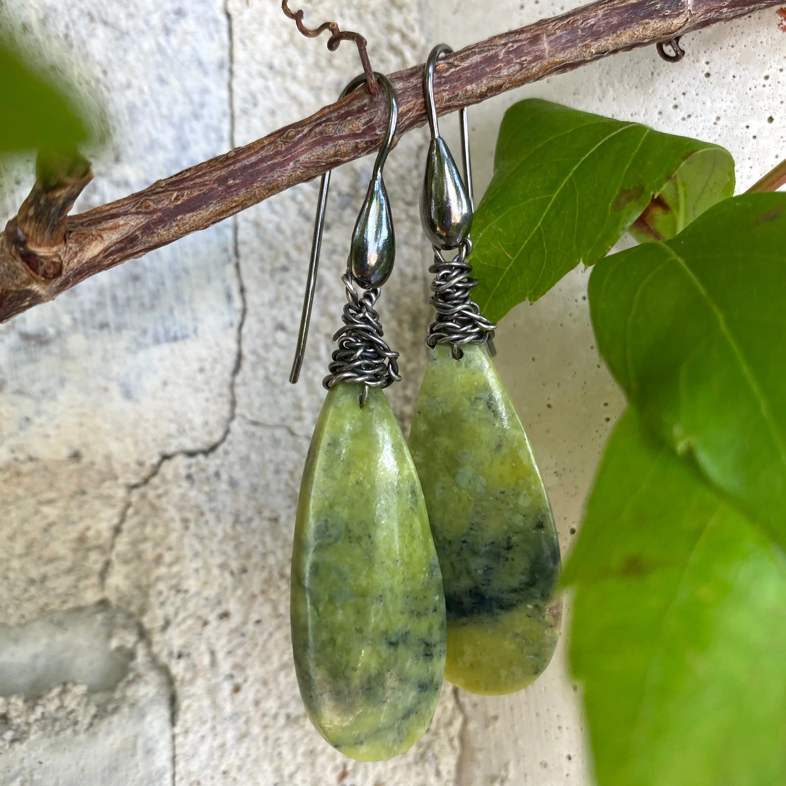 Teardrop Natural Serpentine Gemstone Boho Earrings, Black Rhodium Plated Silver