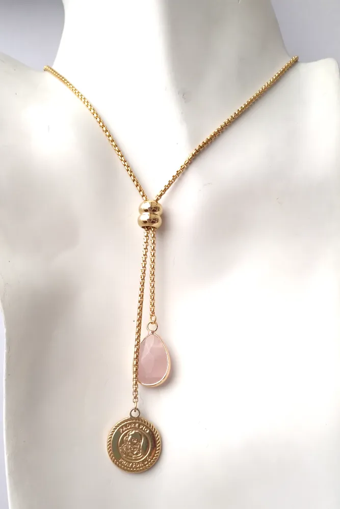 Teardrop Rose Quartz with Saint Benedict Medal Slider Necklace