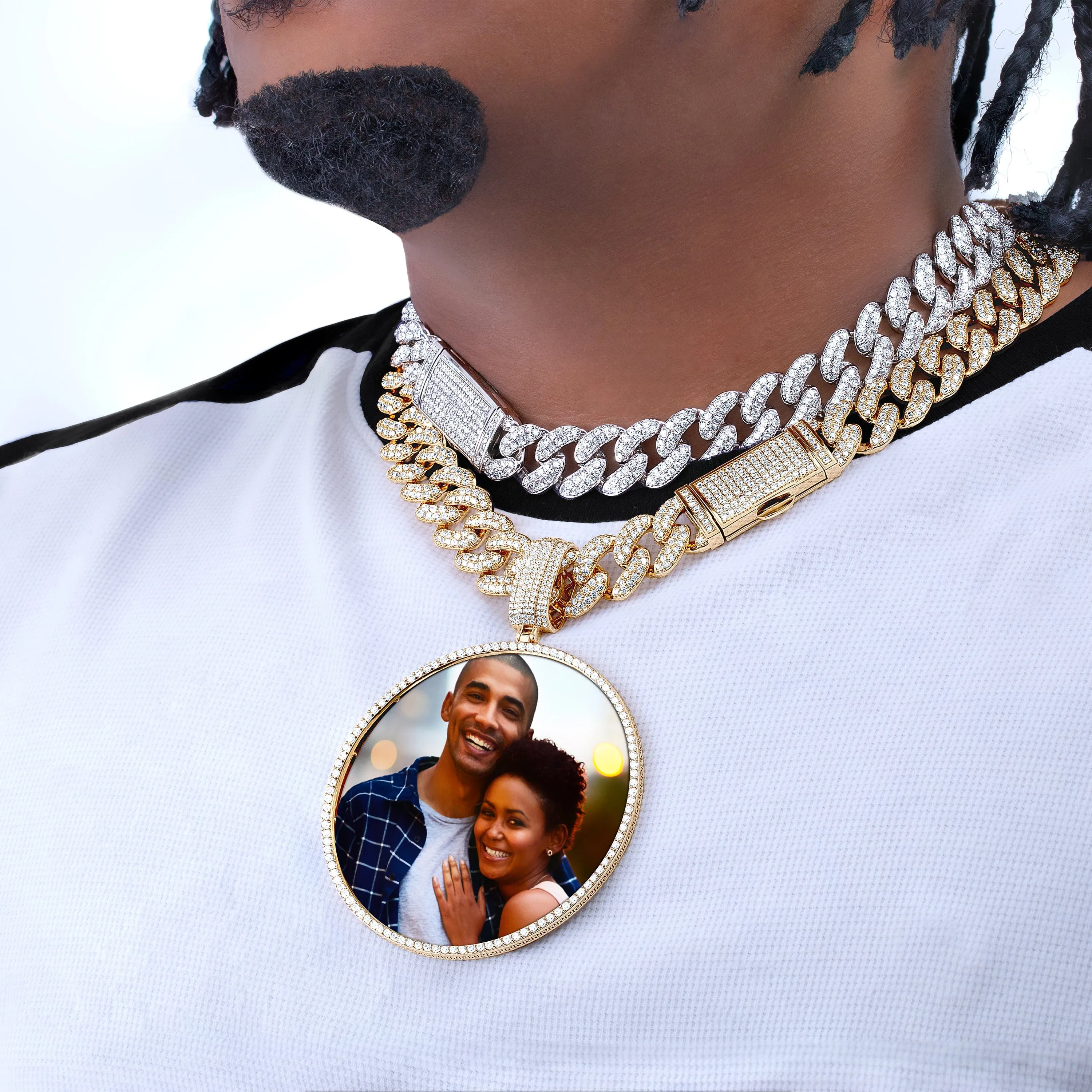 Thick Iced Out Choker and Round Photo Pendant