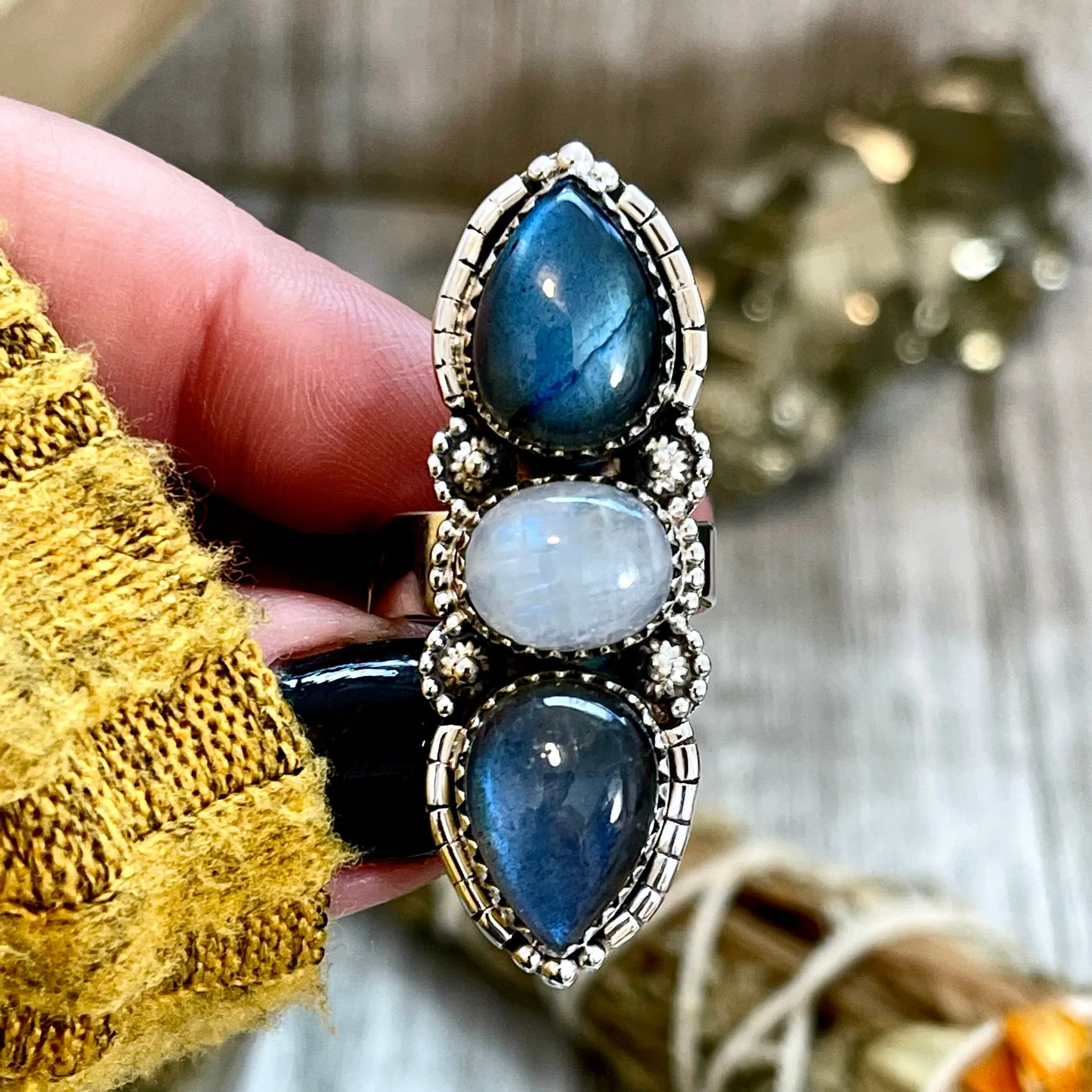 Three Stone Labradorite and Rainbow Moonstone Crystal Ring in Sterling Silver- Designed by FOXLARK Collection Adjustable to Size 6 7 8 9