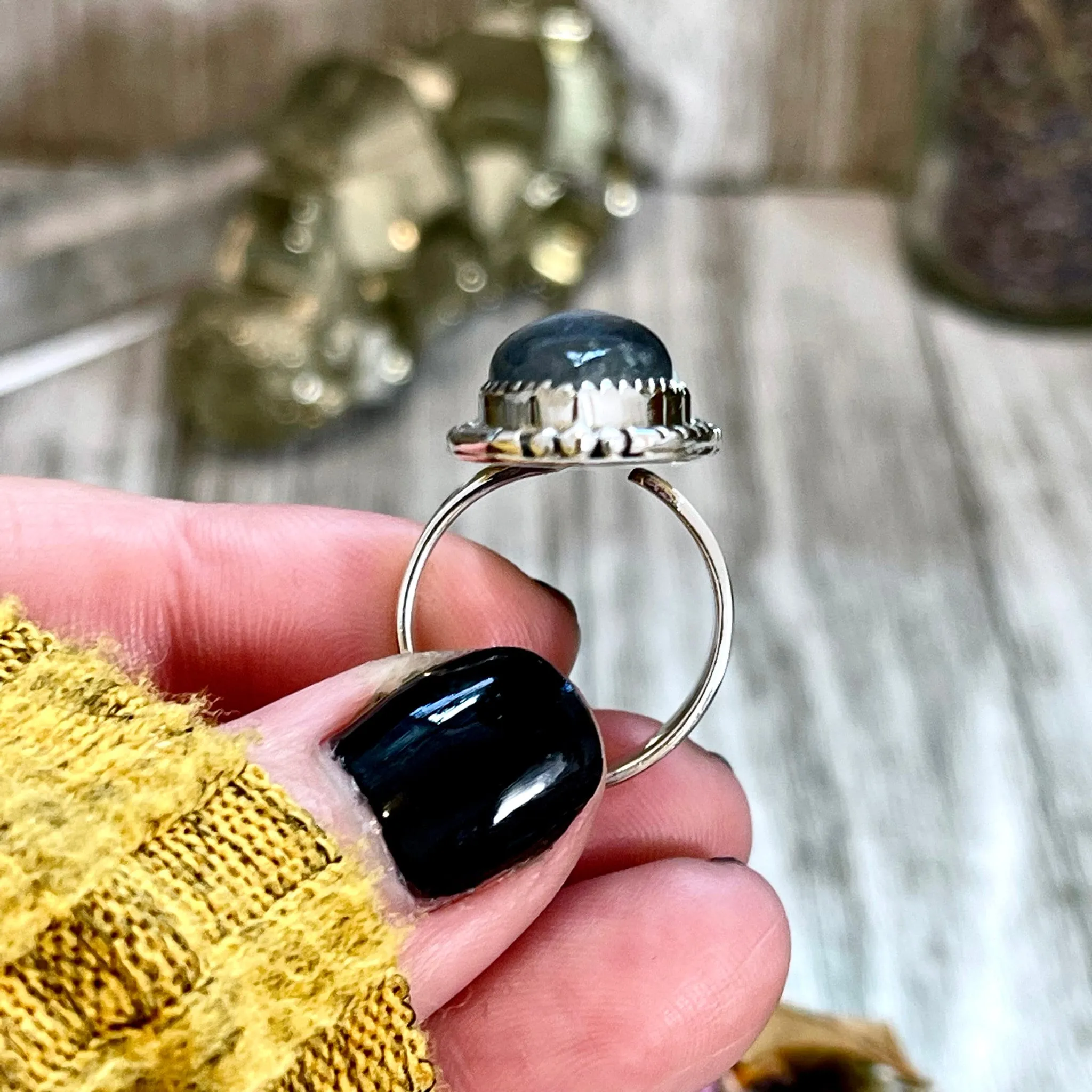 Three Stone Labradorite and Rainbow Moonstone Crystal Ring in Sterling Silver- Designed by FOXLARK Collection Adjustable to Size 6 7 8 9