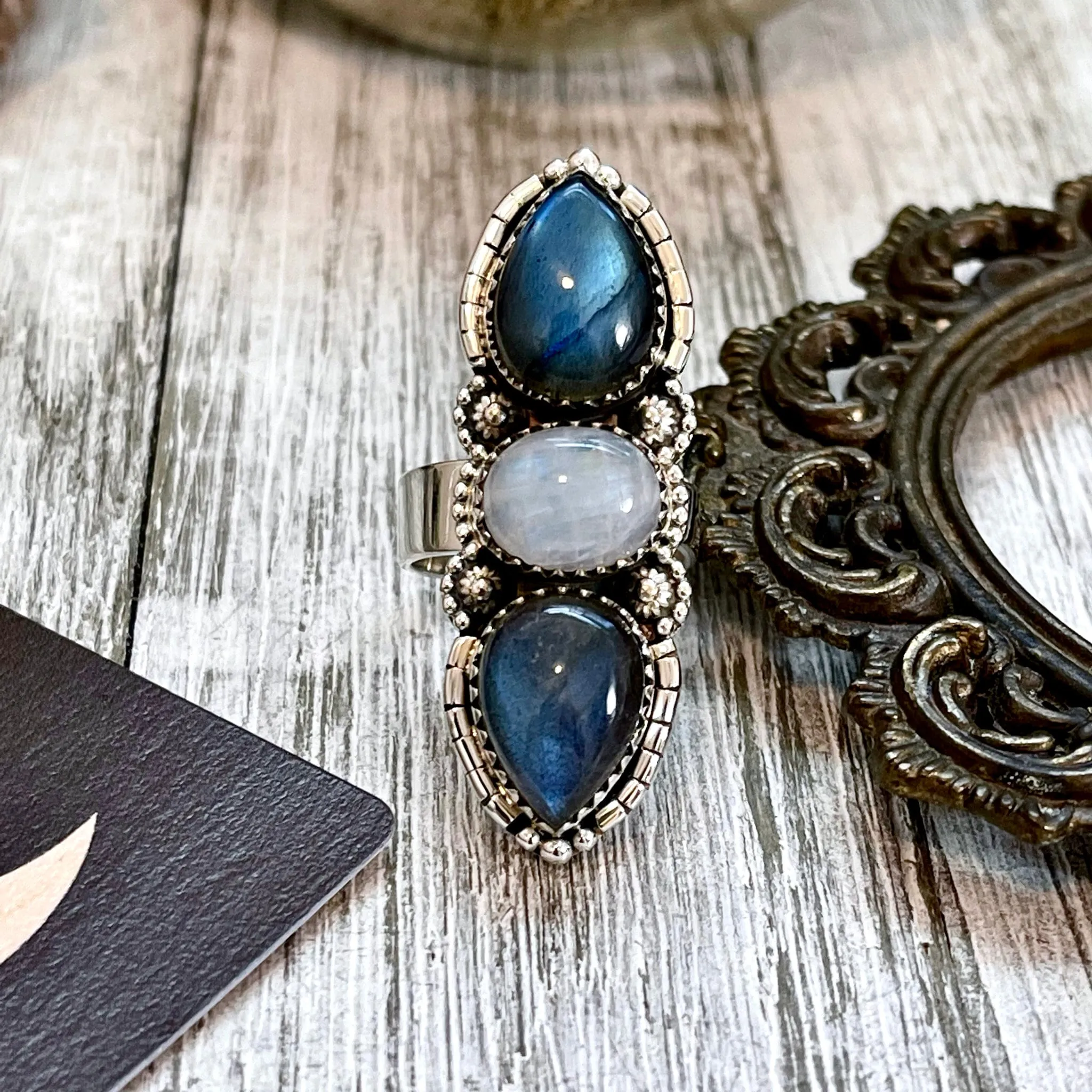 Three Stone Labradorite and Rainbow Moonstone Crystal Ring in Sterling Silver- Designed by FOXLARK Collection Adjustable to Size 6 7 8 9