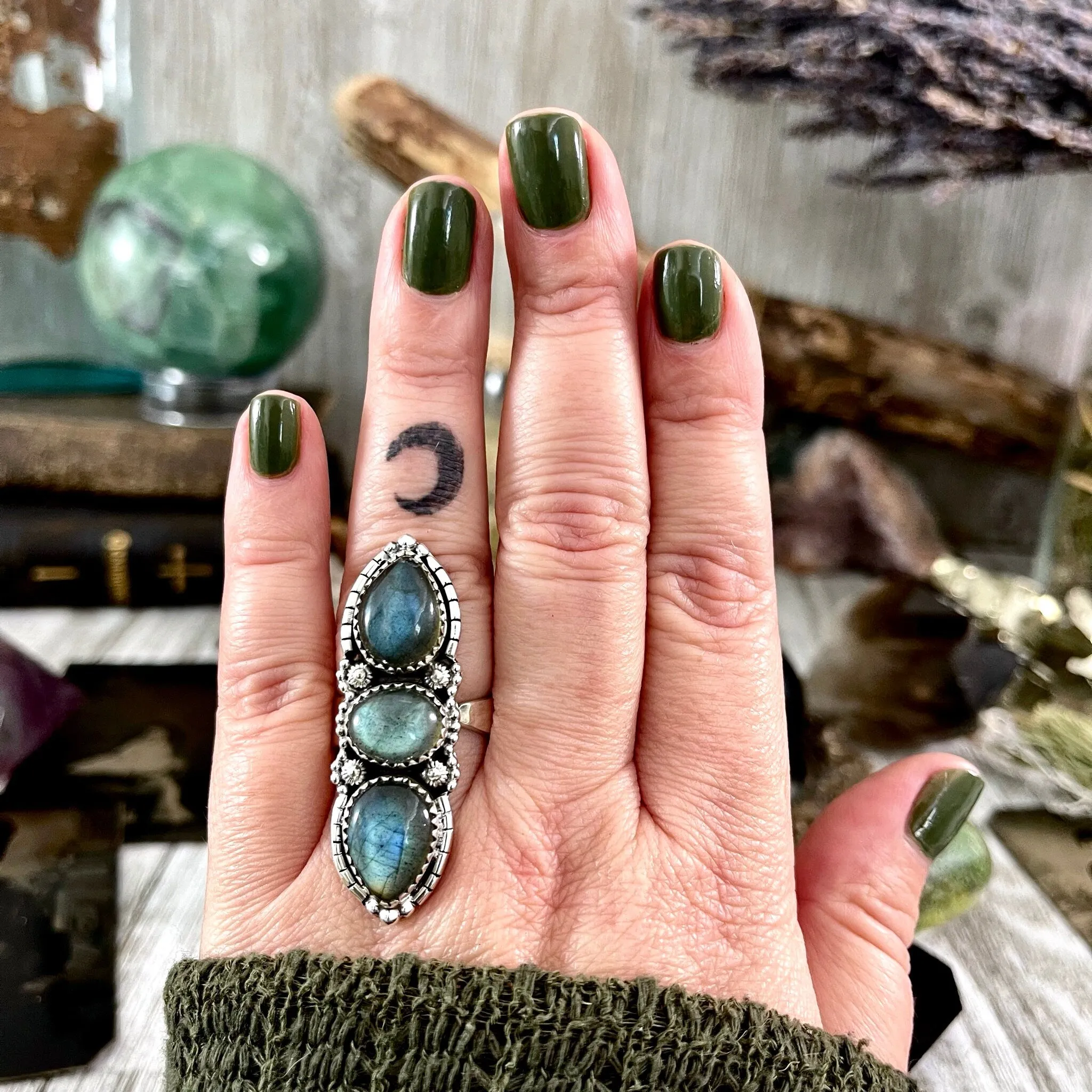 Three Stone Labradorite Ring in Sterling Silver /Designed by FOXLARK Collection Adjustable to Size 6 7 8 9