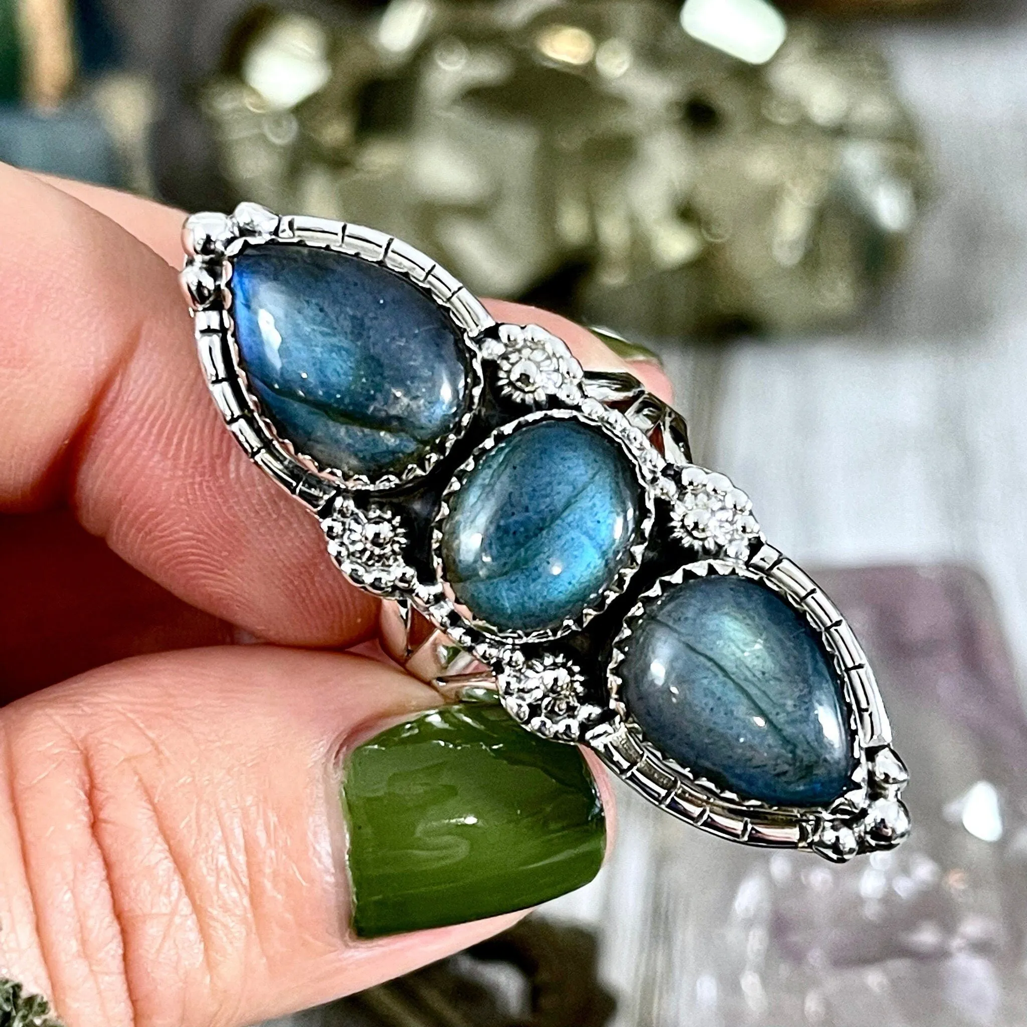 Three Stone Labradorite Ring in Sterling Silver /  Designed by FOXLARK Collection Size 5 6 7 8 9 10 11