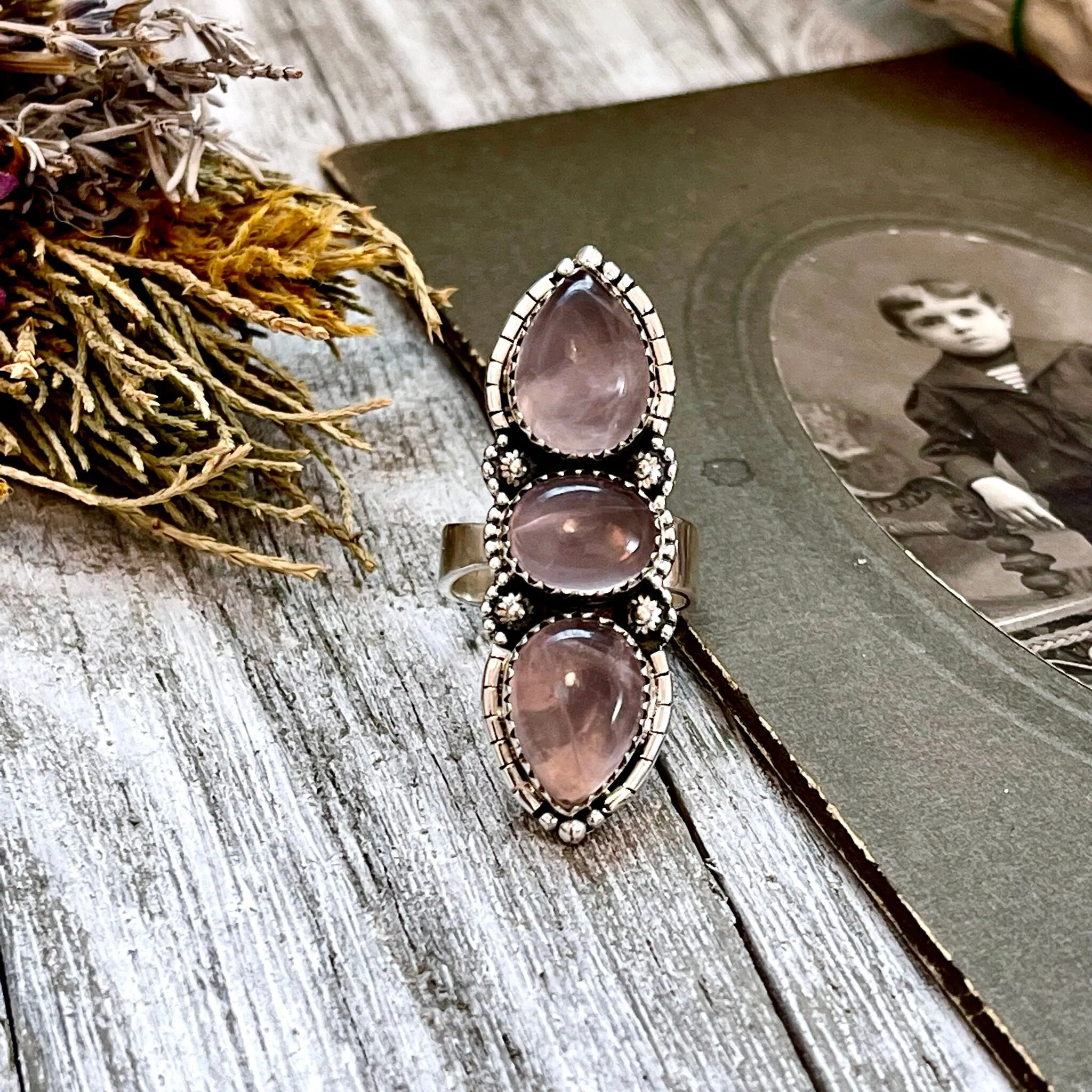 Three Stone Pink Rose Quartz Crystal Ring in Solid Sterling Silver- Designed by FOXLARK Collection Adjustable to Size 6 7 8 9