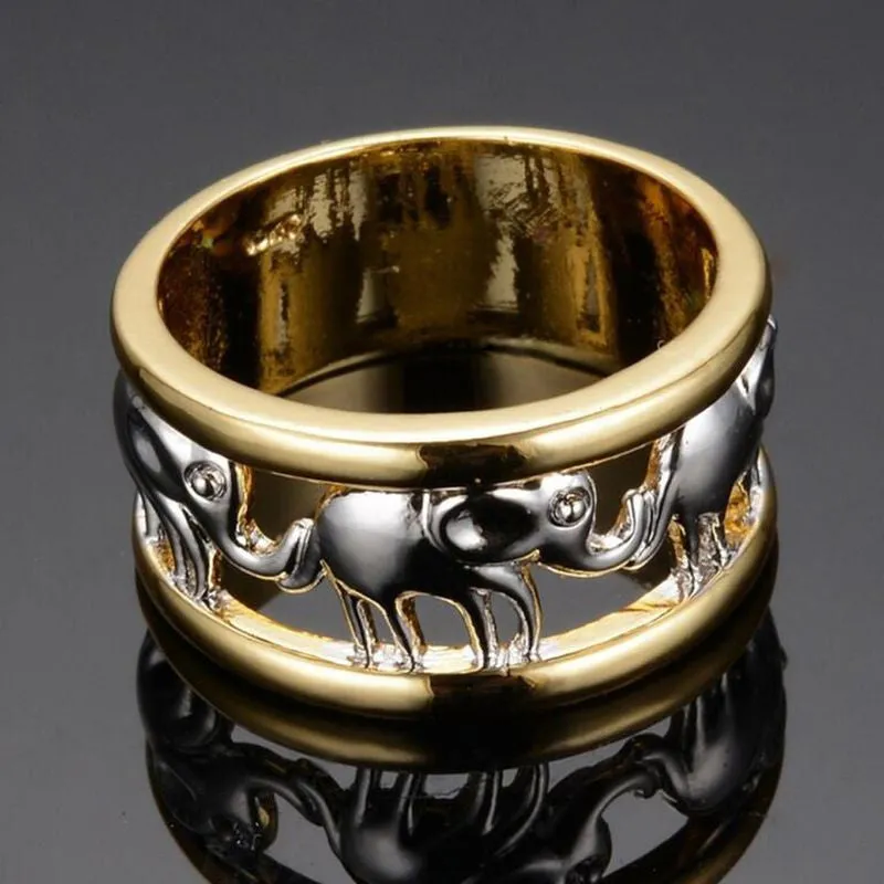 Two-Tone Multiple Elephants Open Wide Band Ring