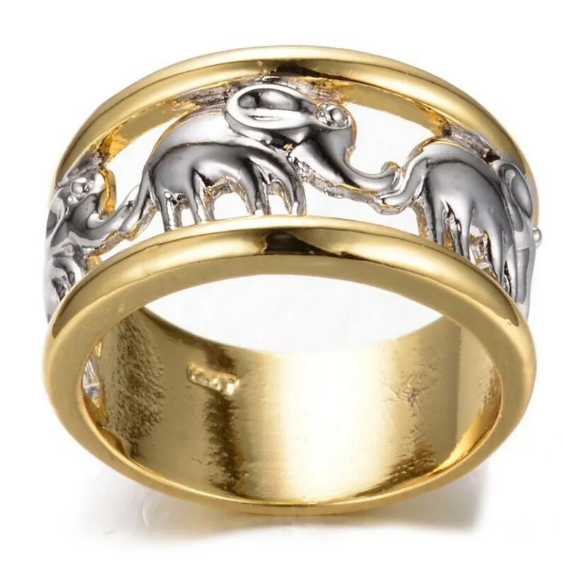 Two-Tone Multiple Elephants Open Wide Band Ring