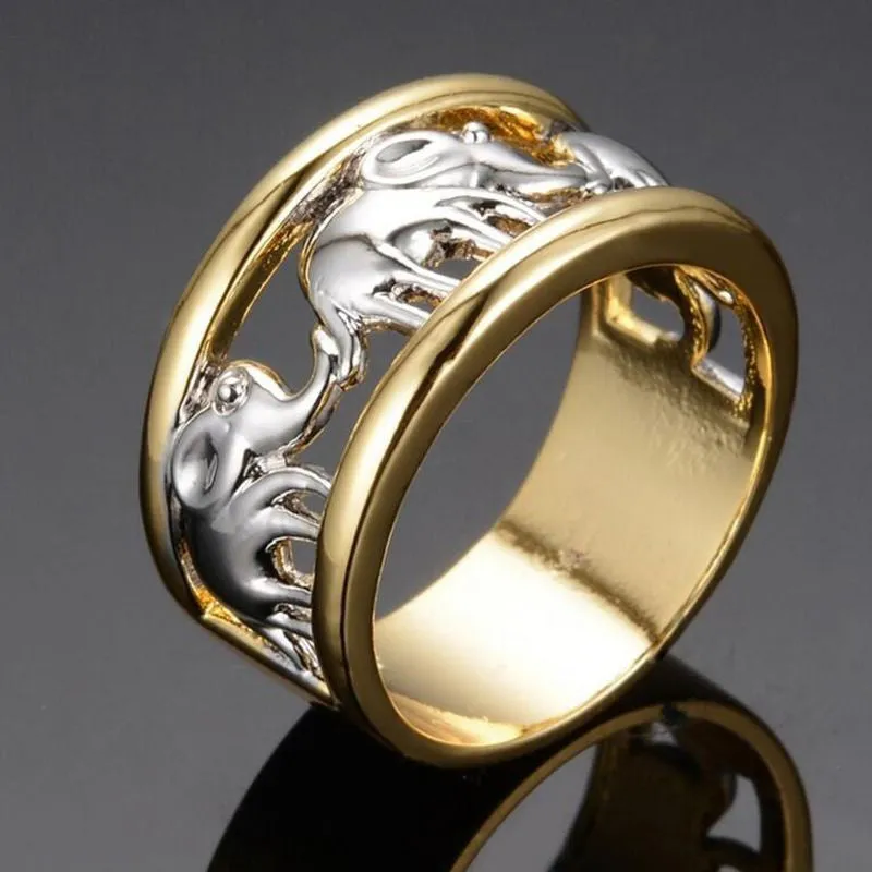 Two-Tone Multiple Elephants Open Wide Band Ring