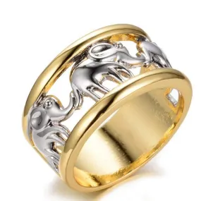 Two-Tone Multiple Elephants Open Wide Band Ring