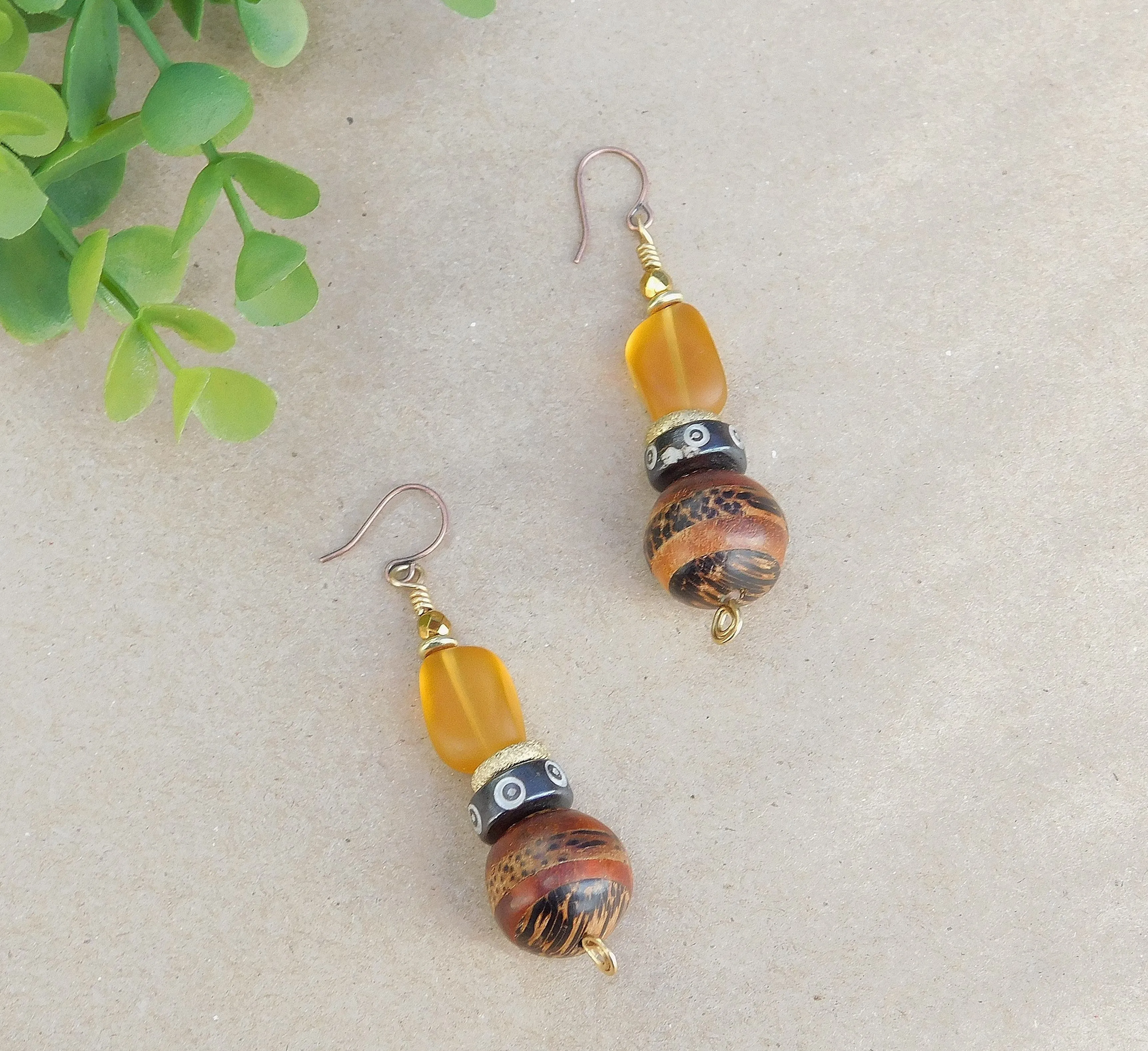 Unique Wood and Desert Gold Sea Glass Earrings