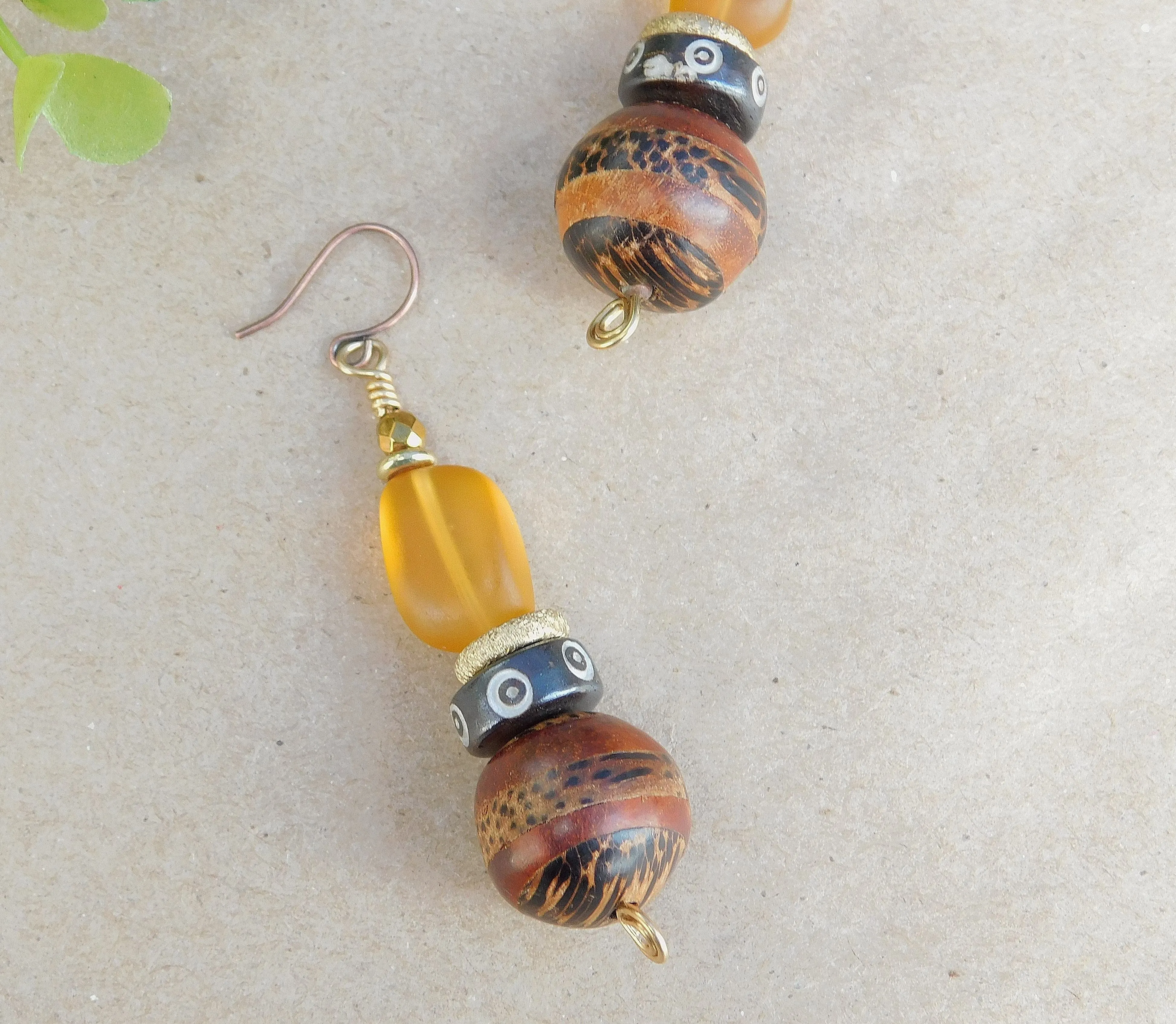 Unique Wood and Desert Gold Sea Glass Earrings