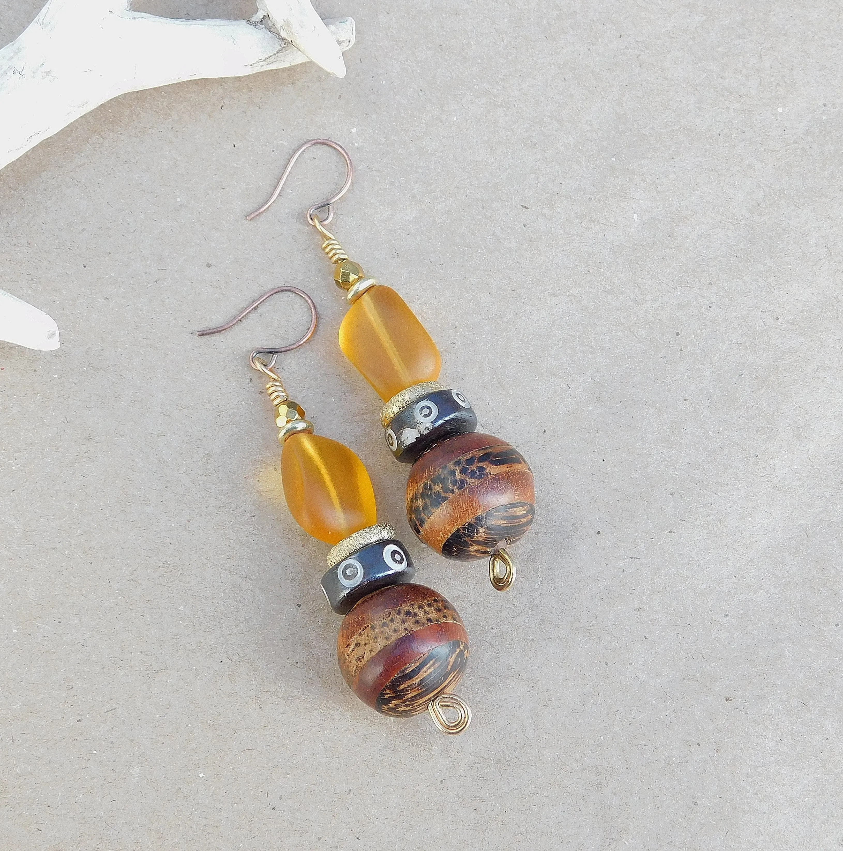 Unique Wood and Desert Gold Sea Glass Earrings