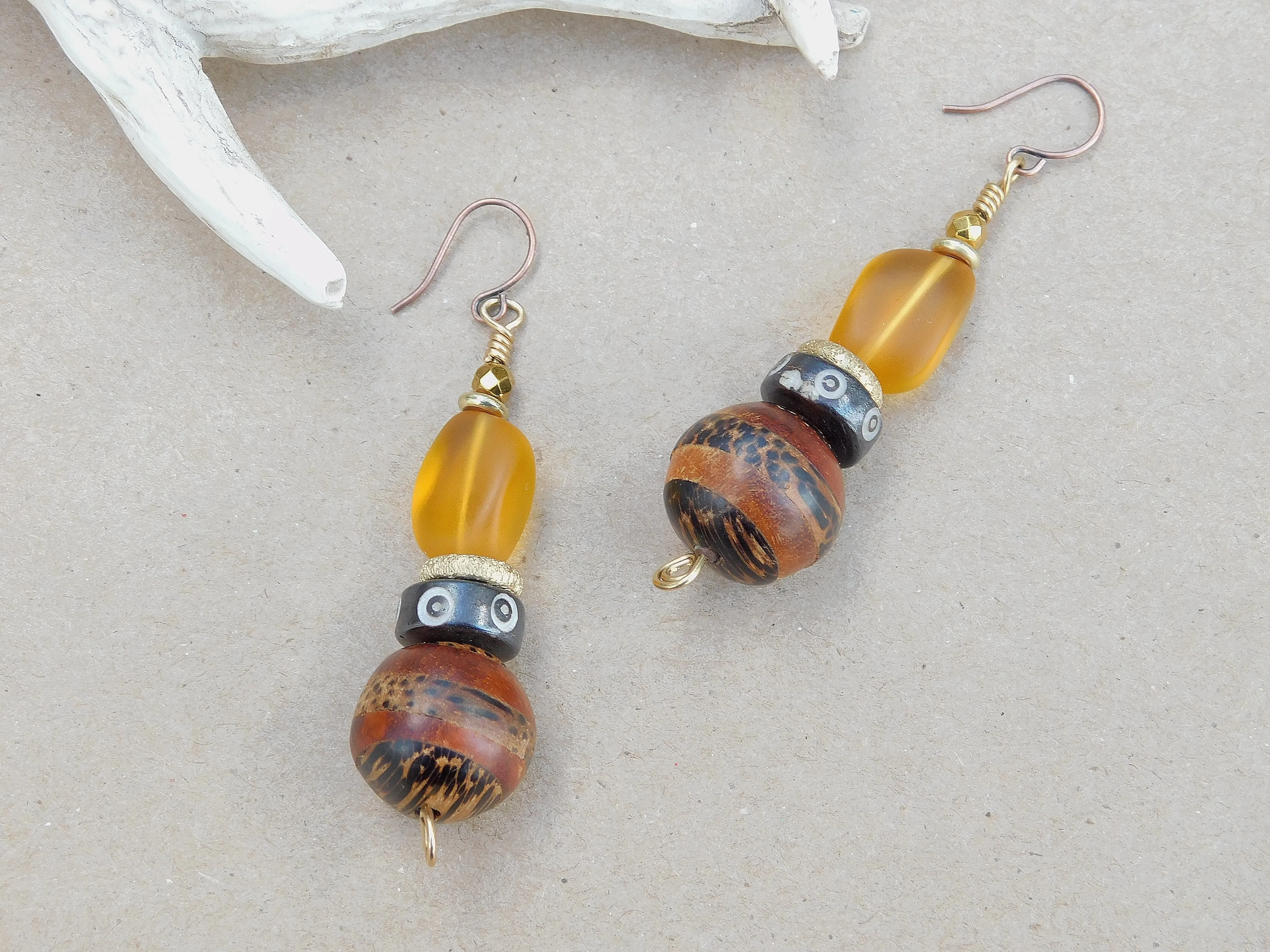 Unique Wood and Desert Gold Sea Glass Earrings