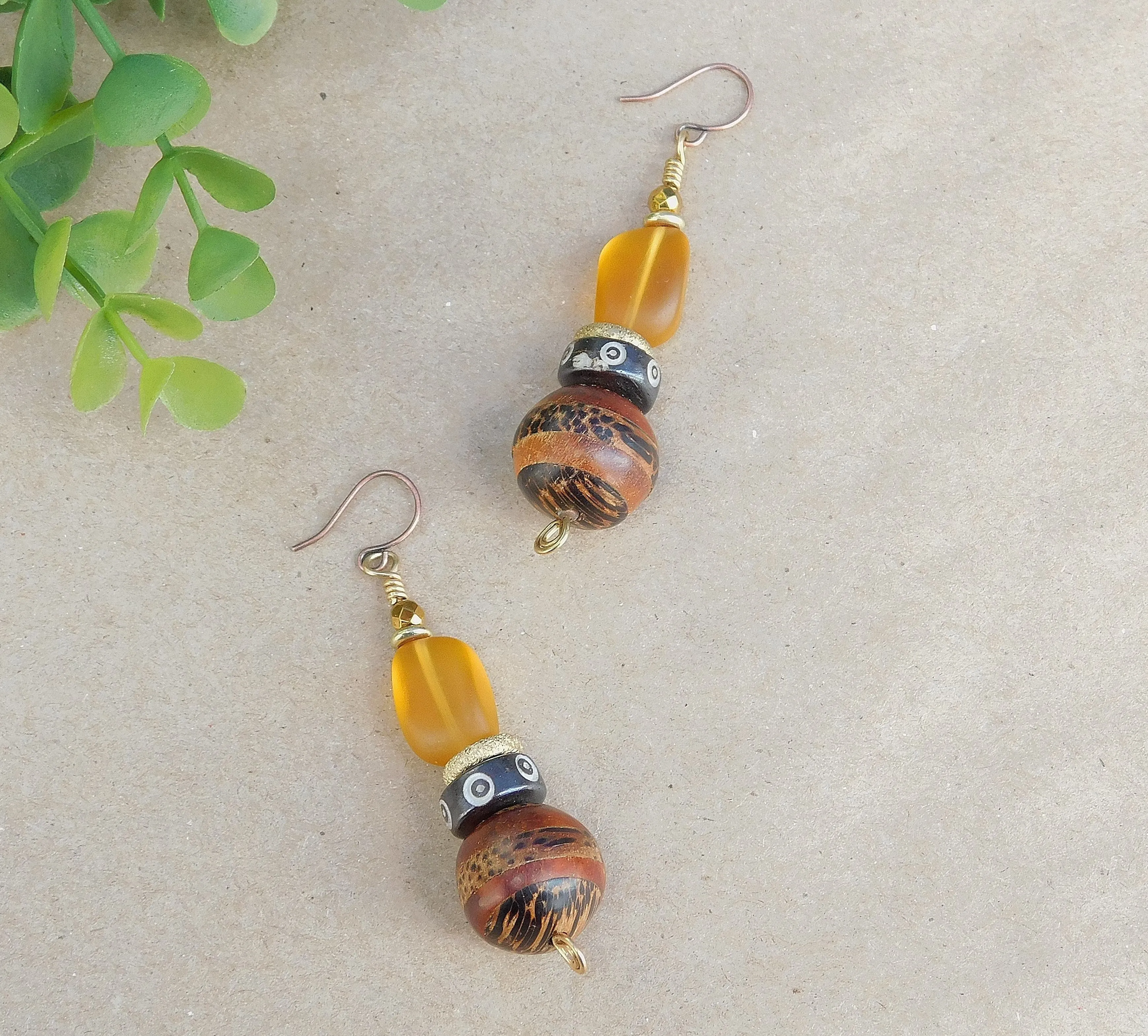 Unique Wood and Desert Gold Sea Glass Earrings