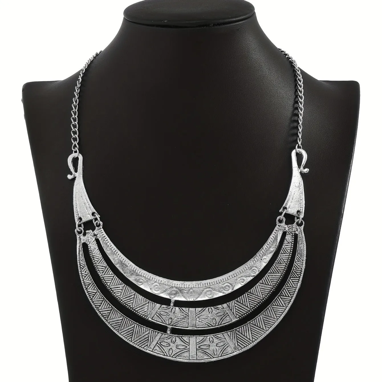 Vintage Style Three Layer Pattern Totem Collar Ethnic Short Chunky Necklace, Silver Plated Bib Necklace Jewelry