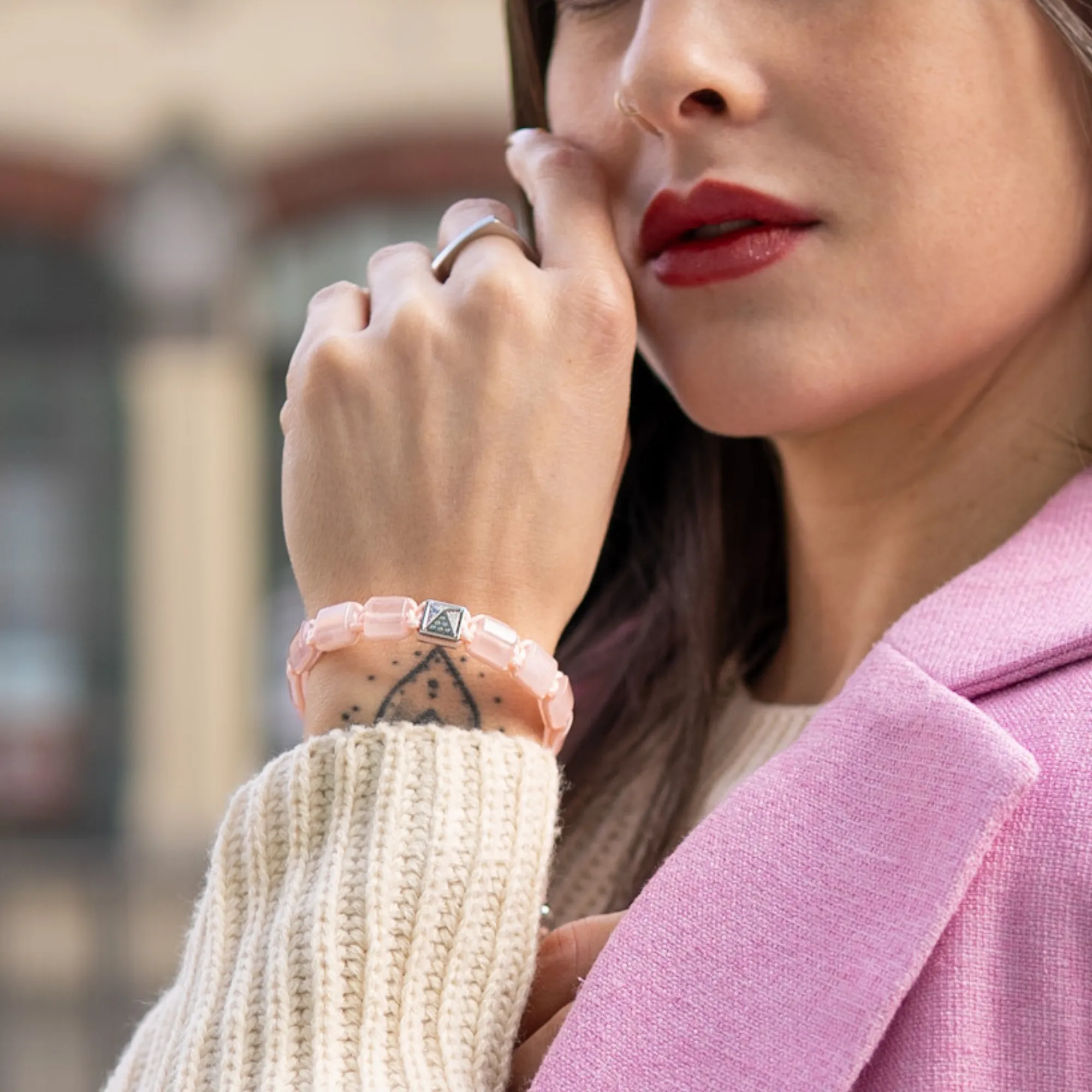 Women's PINK QUARTZ Flat bead Bracelet with Pyramid Diamond