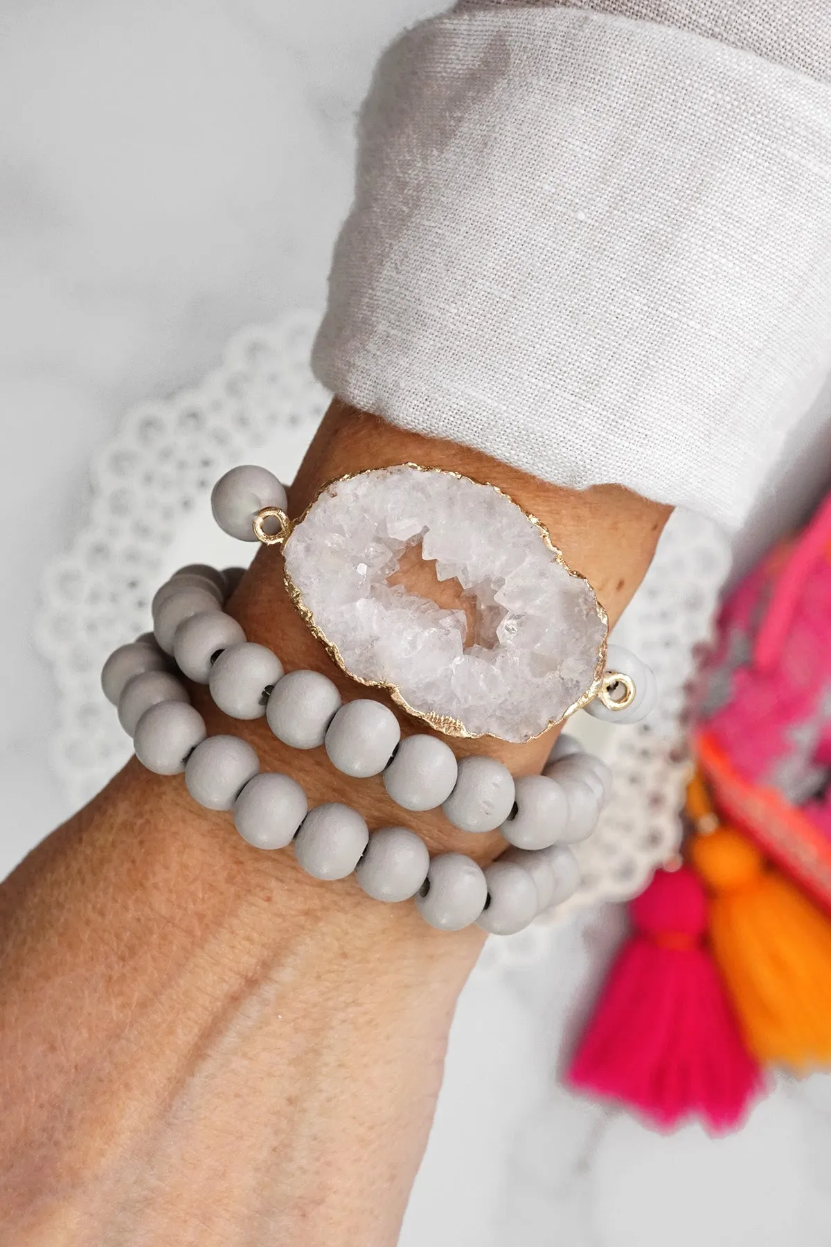 Wooden Beads, Sliced Stone Bracelet Set