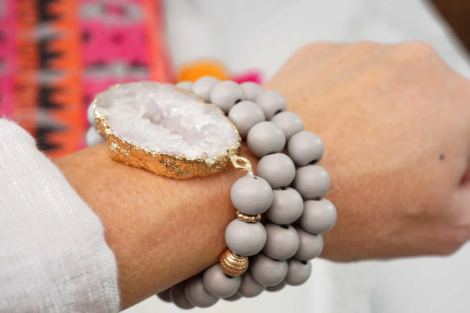 Wooden Beads, Sliced Stone Bracelet Set