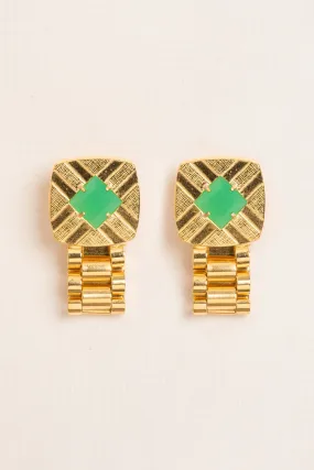 Wouters & Hendrix - Cufflink and Watch Chain Stud Earrings with Green Chrysoprase in Gold