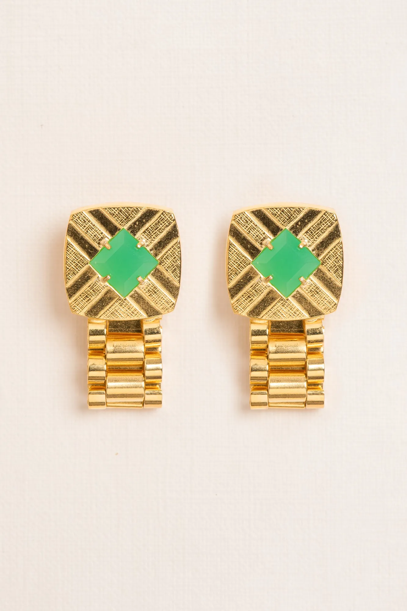 Wouters & Hendrix - Cufflink and Watch Chain Stud Earrings with Green Chrysoprase in Gold