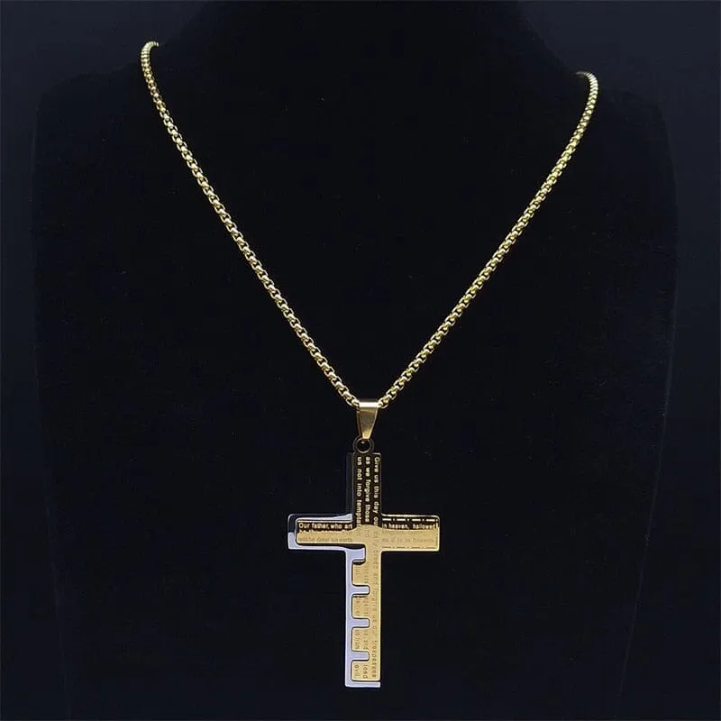 WWJD Cross Christian Prayer Necklace - ( Stainless Steel Gold )