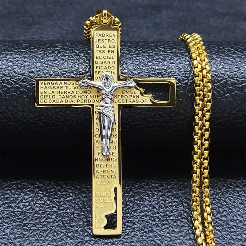 WWJD Cross Christian Prayer Necklace - ( Stainless Steel Gold )