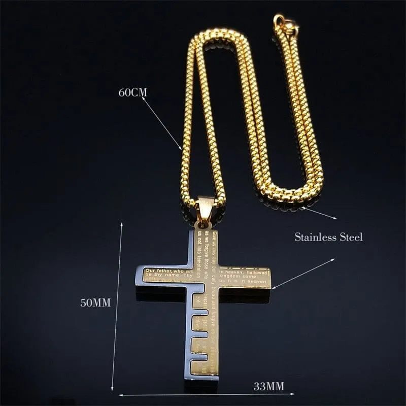 WWJD Cross Christian Prayer Necklace - ( Stainless Steel Gold )