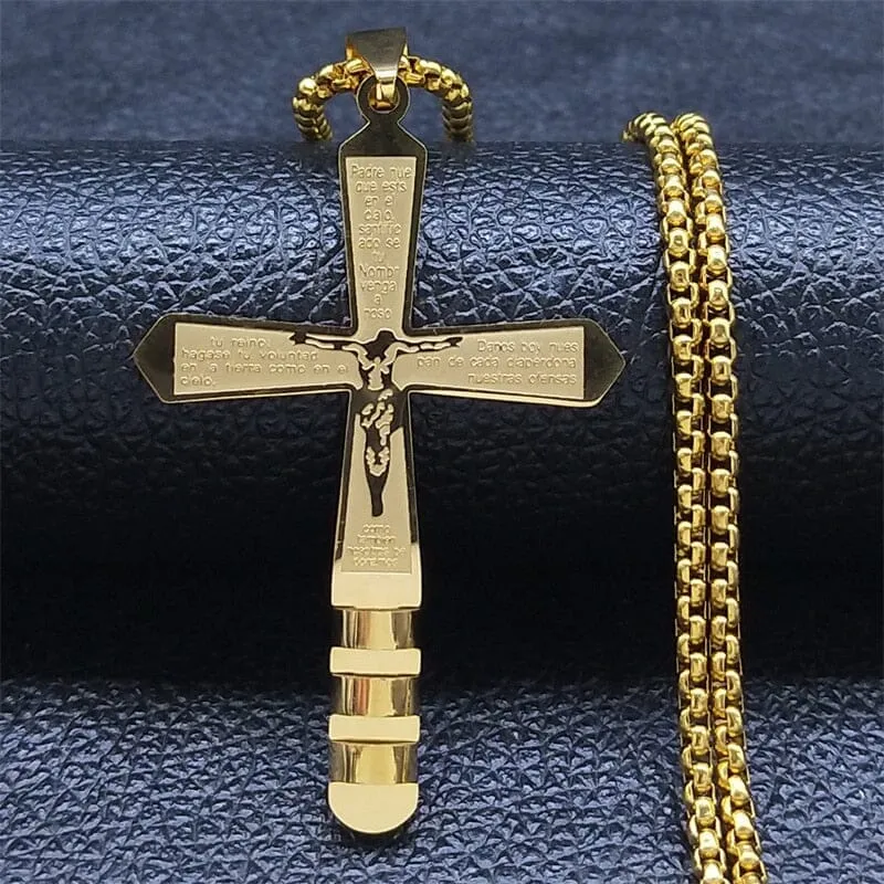 WWJD Cross Christian Prayer Necklace - ( Stainless Steel Gold )