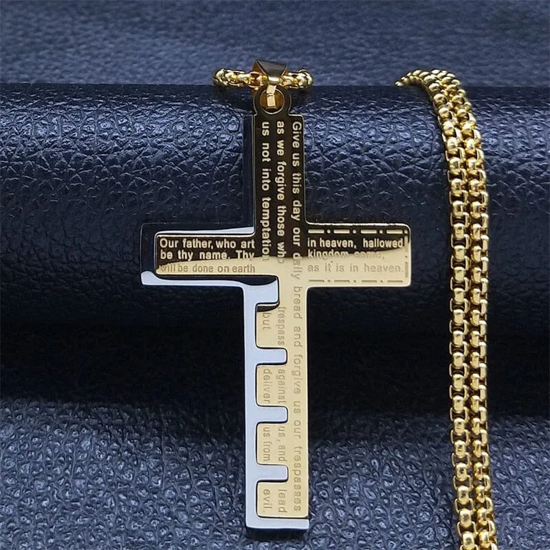 WWJD Cross Christian Prayer Necklace - ( Stainless Steel Gold )