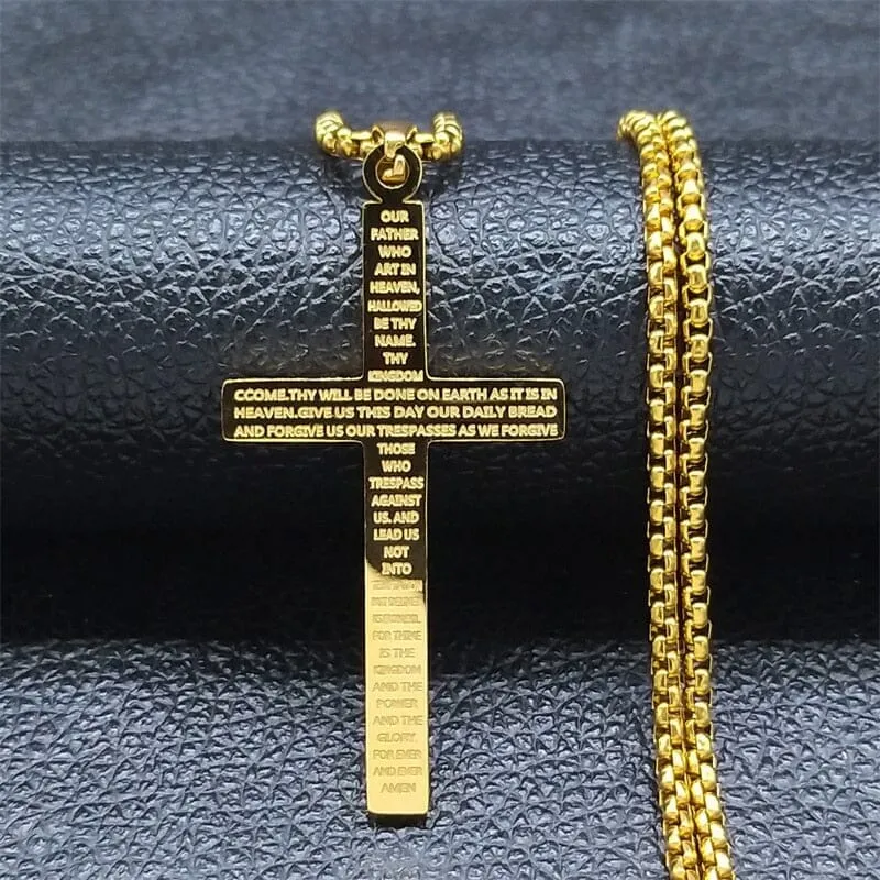 WWJD Cross Christian Prayer Necklace - ( Stainless Steel Gold )