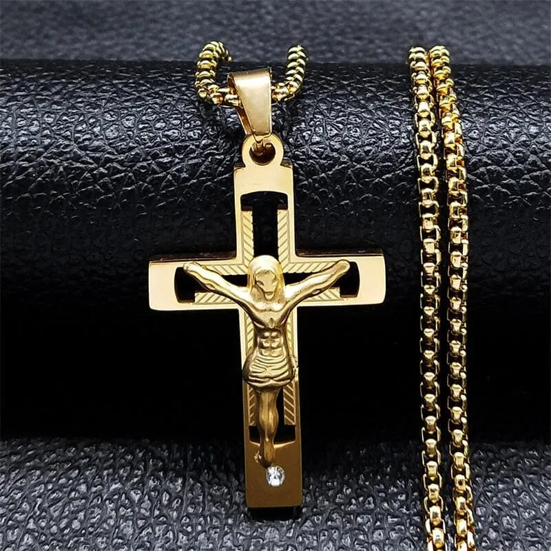 WWJD Cross Christian Prayer Necklace - ( Stainless Steel Gold )