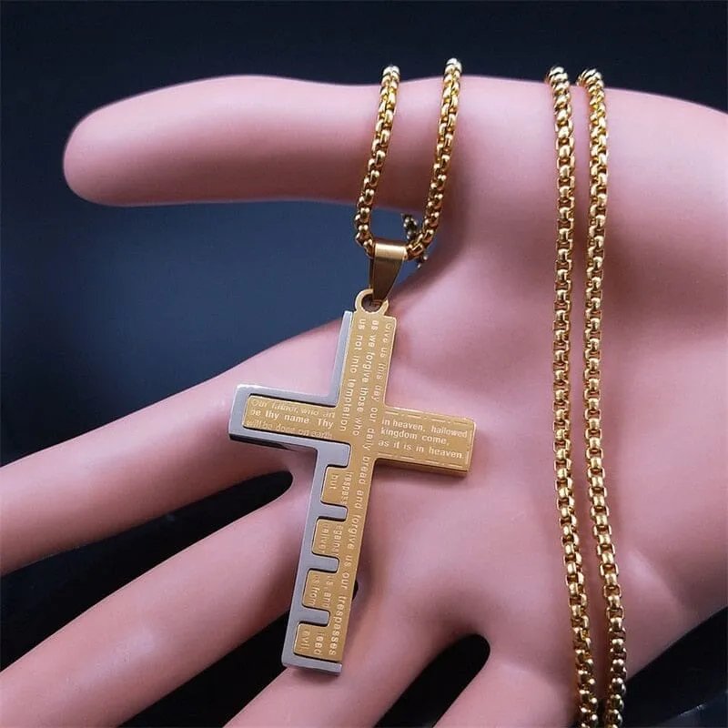 WWJD Cross Christian Prayer Necklace - ( Stainless Steel Gold )